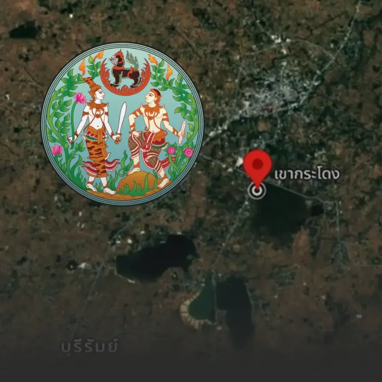 Satellite map with a red location pin near a lake, overlaid by a circular Thai artwork depicting two mythic figures among greenery.