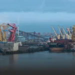 Cargo port scene with large yellow and red cranes beside a calm harbor and anchored ships in the distance