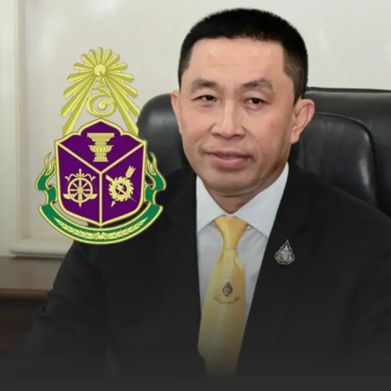 Portrait of a man in a black suit and gold tie, with an ornate purple-and-gold emblem overlay on his left side.