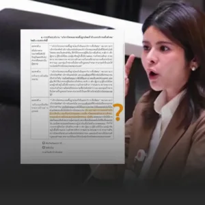 Woman in a brown blazer speaking next to a large Thai document overlayed with an orange question mark on the right side.