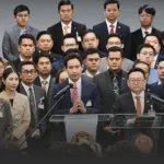 Speaker in a dark suit addresses the press from a podium, flanked by officials in formal attire amid a crowd of reporters.