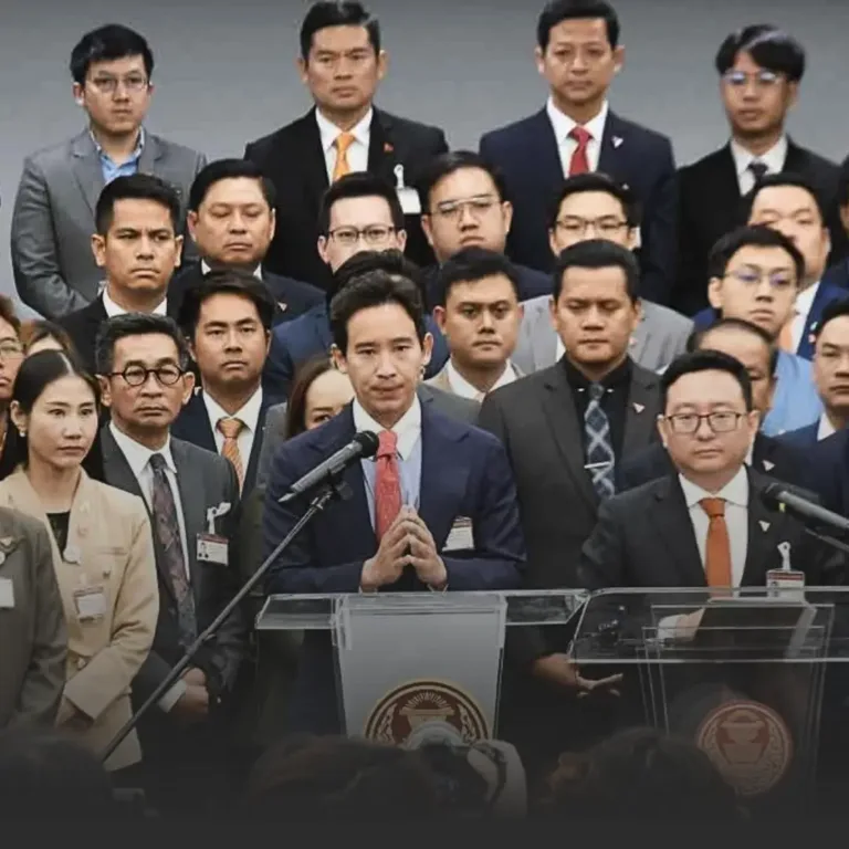 Speaker in a dark suit addresses the press from a podium, flanked by officials in formal attire amid a crowd of reporters.