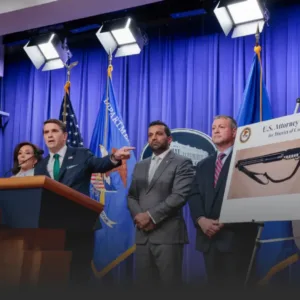 Officials at a press briefing with a speaker at a podium, two suited aides, and flags in front of a blue curtain; a large poster of a rifle stands to the right.