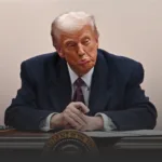 Senior man in a dark suit sits at a desk with a pensive expression, hands clasped near a seal on the desk in a formal setting, facing slightly to the side.