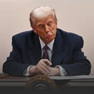 Senior man in a dark suit sits at a desk with a pensive expression, hands clasped near a seal on the desk in a formal setting, facing slightly to the side.