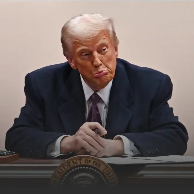 Senior man in a dark suit sits at a desk with a pensive expression, hands clasped near a seal on the desk in a formal setting, facing slightly to the side.
